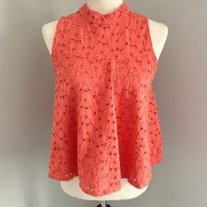 Free People Coral Orange Lace Eyelet Mock Neck Open Back Swing Tank Top